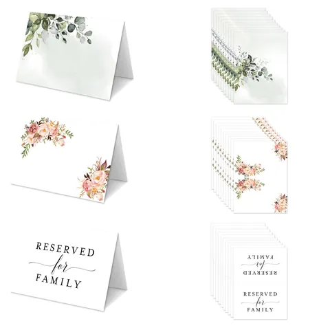 Watercolor Wedding Place Cards Foldable Cardboard Table Name Cards For Party Banquet Floral Green Leaf Reserved For Family