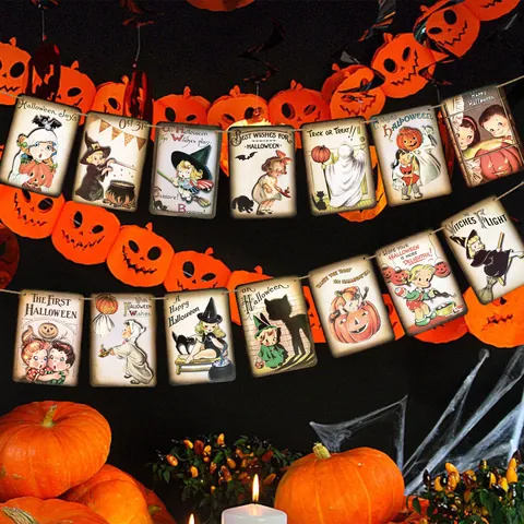Retro Halloween Banner Vintage Papier Girlande Banner Für Halloween Party Dekoration Kürbis Hexe Schwarze Katze Geisterhaus Girlande