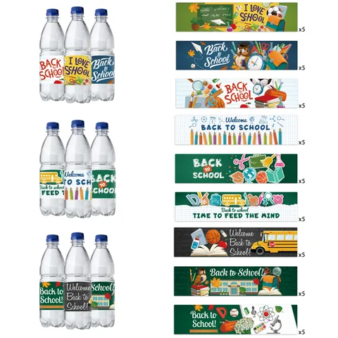 Back To School Water Bottle Stickers Labels Waterproof School Bus Owl Stationery Pattern For School Party Classroom Decorations