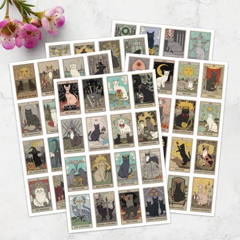 Vintage Katze Tarot Aufkleber Retro Handgezeichnete Illustration Decals Für DIY Journal Laptop Telefon Ästhetische Papieraufkleber
