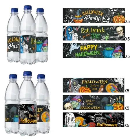 Pegatinas de Etiquetas para Botellas de Agua de Halloween Dibujos Animados Calabaza Bruja Murciélago Decoración de Fiesta