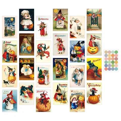 Cartoline Decorative da Parete in Carta per Halloween Retro Carte Decorative per Stanza Con Motivi di Zucca Strega Gatto Nero per Camera da Letto Parete Fotografica Festa Estetica Stile Illustrazione Retro