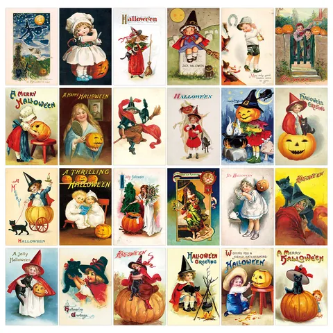 Cartoline Decorative da Parete in Carta per Halloween Retro Carte Decorative per Stanza Con Motivi di Zucca Strega Gatto Nero per Camera da Letto Parete Fotografica Festa Estetica Stile Illustrazione Retro