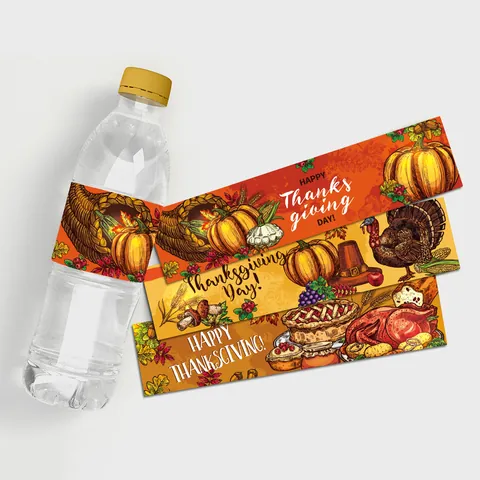 Happy Thanksgiving Water Bottle Labels Waterproof Pumpkin Turkey Maple Leaves Stickers For Fall Harvest Party Decoration