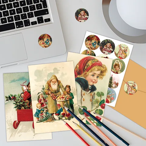 Vintage Weihnachtsgrusskarten Umschläge Aufkleber Retro Weihnachtsmann Illustrationen Feiertagskarten Für Familie Freunde