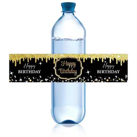 Happy Birthday Wasserflaschen Etiketten Schwarz Gold Glitzer Drip Selbstklebende Aufkleber Party Deko Flaschenbanderolen
