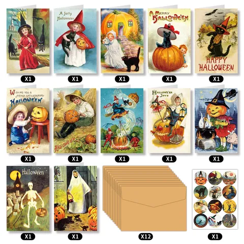 Retro Halloween Greeting Cards Envelopes And Stickers Vintage Pumpkin Witch Black Cat Party Invitation Postcards Stationery