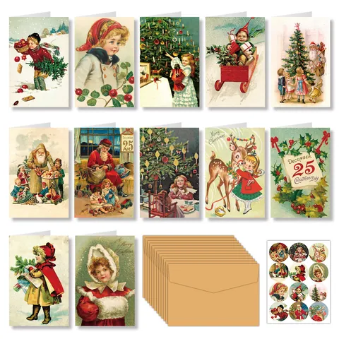Vintage Weihnachtsgrusskarten Umschläge Aufkleber Retro Weihnachtsmann Illustrationen Feiertagskarten Für Familie Freunde