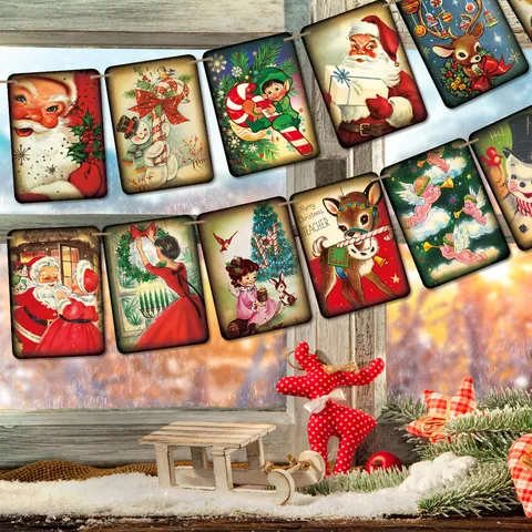 Vintage Christmas Banner Set Retro Santa Claus Reindeer Illustration Garland For Xmas Holiday Party Wall Fireplace Decoration