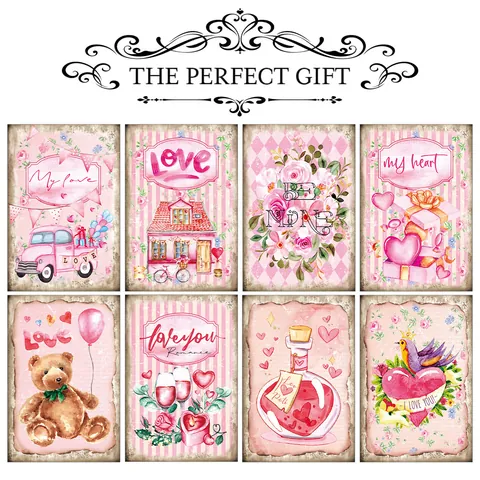 Valentine's Day Wall Decor Postcards Retro Watercolor Pink Heart Flower Illustration Cards For Dorm Home Decoration Gift