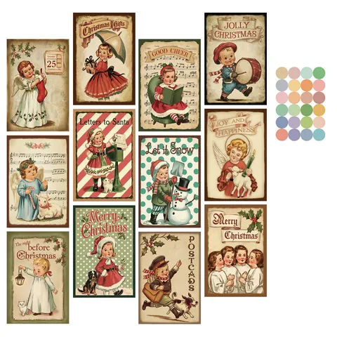 Vintage Christmas Greeting Cards Retro Santa Angel Illustrations Postcards For Holiday Wall Decor With Round Stickers