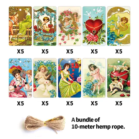 Retro Easter Valentine's Day Gift Tags With Hemp Rope Vintage Victorian Angel Bunny Heart Paper Label Greeting Cards