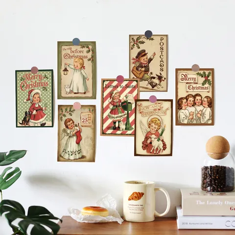 Vintage Christmas Greeting Cards Retro Santa Angel Illustrations Postcards For Holiday Wall Decor With Round Stickers