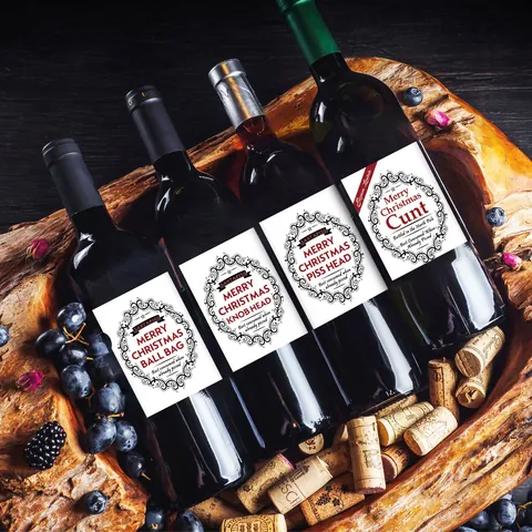 Autocollants de Bouteille de Vin de Noël Drôles Étiquettes d'Argot Humoristiques Bordure Florale Vintage Imperméable Décor de Fête