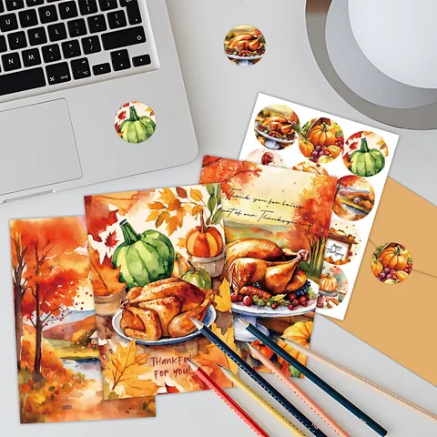 Thanksgiving Greeting Cards With Envelopes And Stickers Watercolor Turkey Pumpkin Maple Leaf Harvest Holiday Blessing Cards