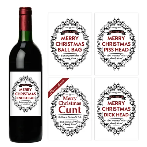 Autocollants de Bouteille de Vin de Noël Drôles Étiquettes d'Argot Humoristiques Bordure Florale Vintage Imperméable Décor de Fête