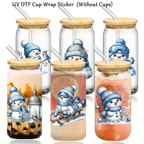 Autocollant de Transfert UV DTF Bonhomme de Neige Bleu pour Verre Libbey Décalcomanie Thème Noël Hiver pour Décor de Tasse DIY