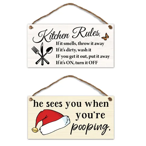 Kitchen Rules Wooden Hanging Sign With Hemp Rope Vintage American Country Style Christmas Funny Bathroom Decor Wall Plaque