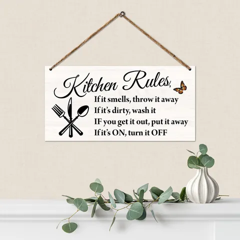 Kitchen Rules Wooden Hanging Sign With Hemp Rope Vintage American Country Style Christmas Funny Bathroom Decor Wall Plaque