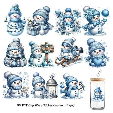 Autocollant de Transfert UV DTF Bonhomme de Neige Bleu pour Verre Libbey Décalcomanie Thème Noël Hiver pour Décor de Tasse DIY