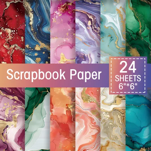 24 Sheets 6x6 Inch Marble Texture Scrapbook Paper 160gsm Cardstock For DIY Journal Crafting With Gold Foil Ink Wash Design