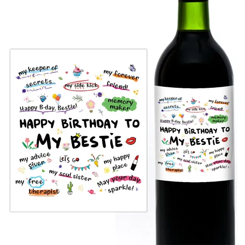 Etiquetas Divertidas para Botellas de Vino Happy Birthday To My Bestie Regalo para Mejor Amiga Pegatinas de PVC Autoadhesivas para Decoración de Fiesta de Cumpleaños Estilo Dibujos Animados
