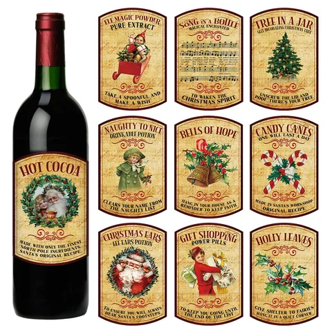 Vintage Christmas Wine Bottle Stickers Waterproof Decorative Labels Holiday Party Santa Claus Elf Illustration Paper Decals