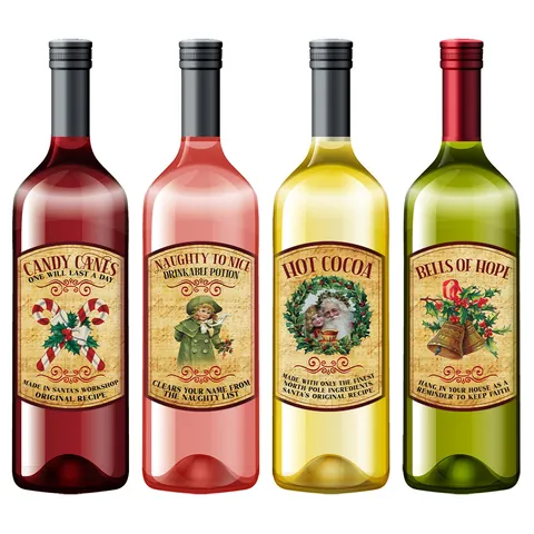 Vintage Christmas Wine Bottle Stickers Waterproof Decorative Labels Holiday Party Santa Claus Elf Illustration Paper Decals