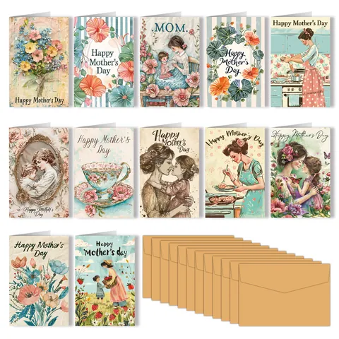 Vintage Floral Illustration Mother's Day Greeting Cards And Envelopes Hand Drawn Style Paper Note Cards For Mom Gift