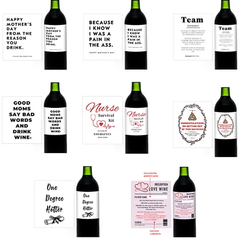 Humorous Wine Bottle Labels PVC Waterproof Stickers For Mothers Day Graduation Nurse Party Self Adhesive Bottle Decor