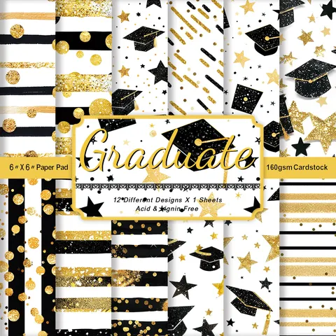 Graduation Theme Scrapbook Paper Pack Acid Free Cardstock For DIY Crafts Card Making Black Gold White Mixed Patterns