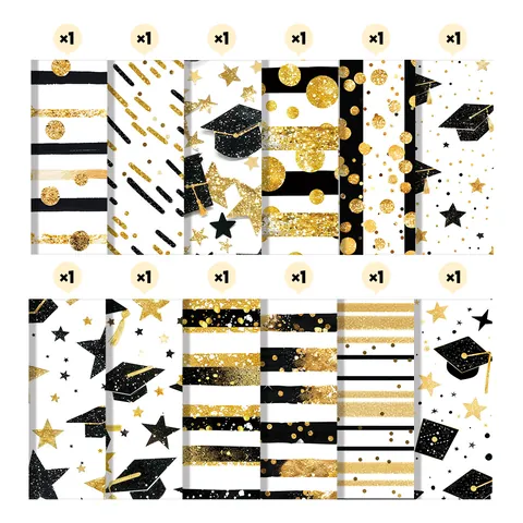 Graduation Theme Scrapbook Paper Pack Acid Free Cardstock For DIY Crafts Card Making Black Gold White Mixed Patterns