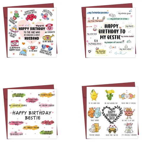 Funny Greeting Card With Envelope For Husband Bestie Birthday Wedding Day Cartoon Heart Cactus Pattern Paper Card Set