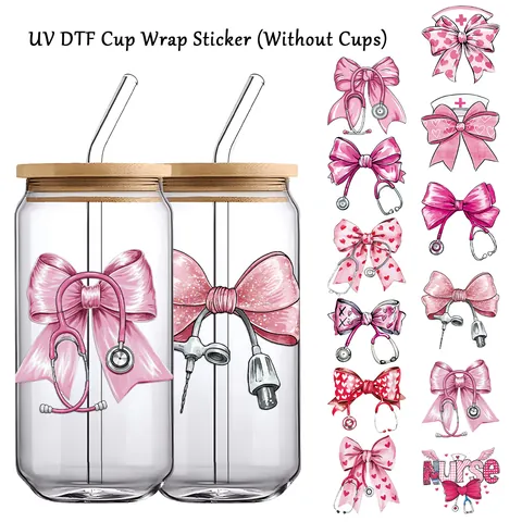 Autocollants de Transfert UV DTF pour Verres Motif Nœud Rose Thème Infirmière Stéthoscope Cœur Imperméable Décalcomanies DIY
