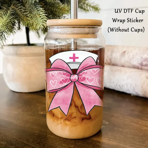 Autocollants de Transfert UV DTF pour Verres Motif Nœud Rose Thème Infirmière Stéthoscope Cœur Imperméable Décalcomanies DIY