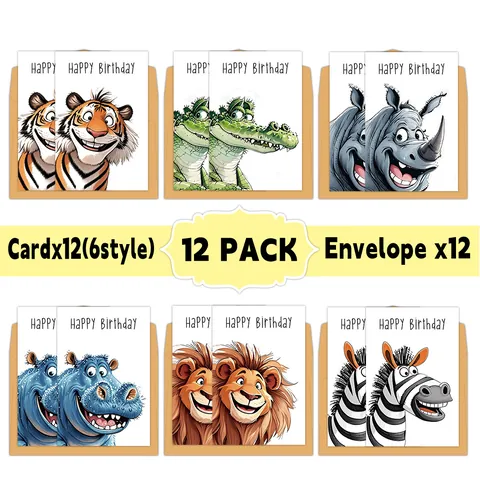 Cartoon Animal Happy Birthday Cards With Envelopes Diverse Animal Styles Lion Zebra Tiger Greeting Cards Birthday Party Gift