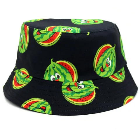 Cartoon Watermelon Pattern Bucket Hat Sun Protection Double Sided Fisherman Hat Men Women Outdoor Beach Cotton Polyester