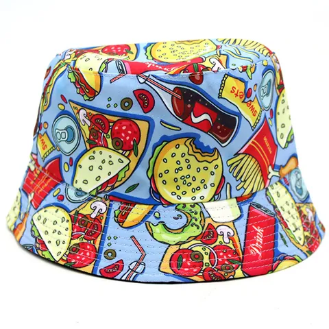 Unisex Καπέλο Bucket Διπλής Όψης από Μείγμα Βαμβακιού Τύπωμα Γρήγορο Φαγητό Χάμπουργκερ Κόλα Πατάτες Προστασία Ήλιου Casual Καπέλο