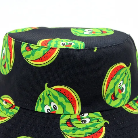 Cartoon Watermelon Pattern Bucket Hat Sun Protection Double Sided Fisherman Hat Men Women Outdoor Beach Cotton Polyester