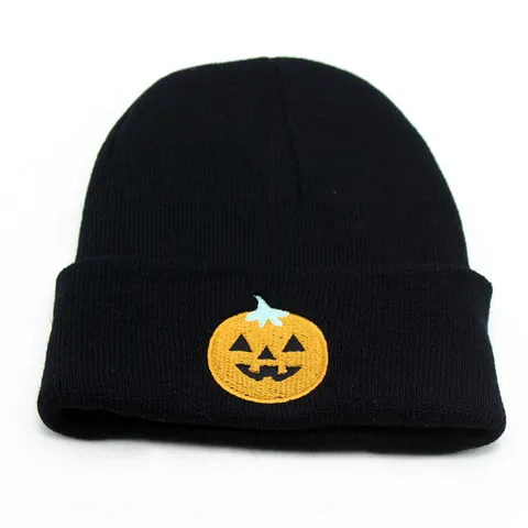 Berretto in Maglia Ricamato Con Zucca di Halloween per Uomo Donna Acrilico Ricamo a Teschio Invernale Caldo Outdoor Arancione Nero