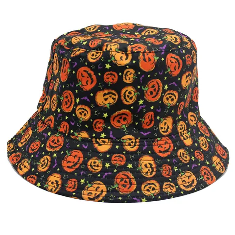 Halloween Pumpkin Ghost Skull Printed Bucket Hat Unisex Polyester Outdoor Sun Protection Festival Party Fisherman Hat