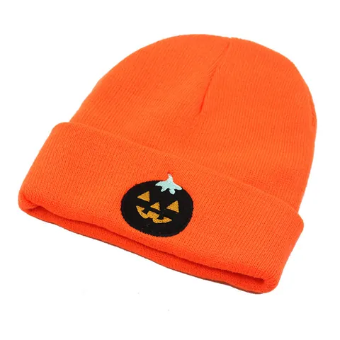 Berretto in Maglia Ricamato Con Zucca di Halloween per Uomo Donna Acrilico Ricamo a Teschio Invernale Caldo Outdoor Arancione Nero