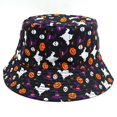 Halloween Pumpkin Ghost Skull Printed Bucket Hat Unisex Polyester Outdoor Sun Protection Festival Party Fisherman Hat