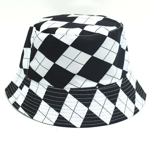 Unisex Plaid Print Bucket Hat Reversible Sun Protection Polyester Cap Foldable Geometric Lattice Hat For Outdoor Casual Travel