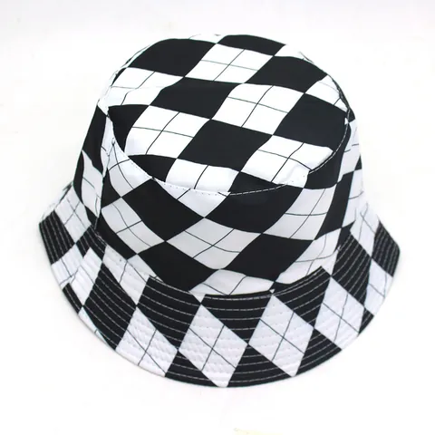Unisex Plaid Print Bucket Hat Reversible Sun Protection Polyester Cap Foldable Geometric Lattice Hat For Outdoor Casual Travel
