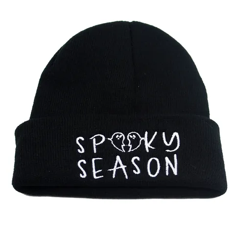 Halloween Spooky Season Ghost Embroidered Knitted Beanie Hat Warm Winter Acrylic Skull Cap For Men Women Casual Streetwear