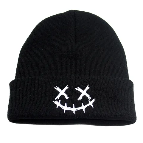Bonnet en Tricot Souriant Pour Hommes Femmes Hiver Chaud Acrylique Broderie Style de Rue Bonnet Noir