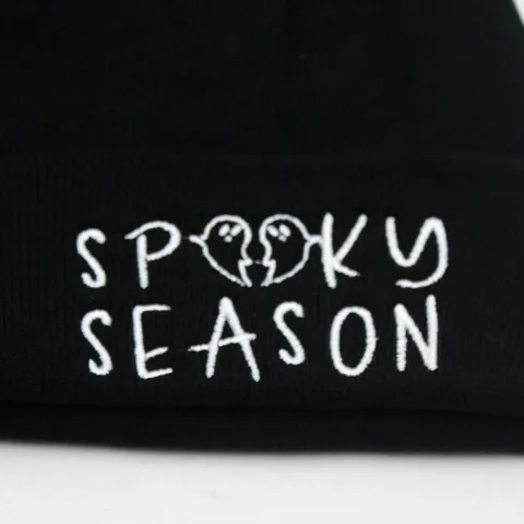 Halloween Spooky Season Ghost Embroidered Knitted Beanie Hat Warm Winter Acrylic Skull Cap For Men Women Casual Streetwear