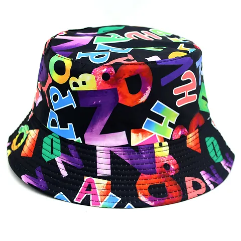 Double Sided Colorful Alphabet Printing Bucket Hat For Men Women Polyester Foldable Outdoor Sunshade Fisherman Hat Streetwear