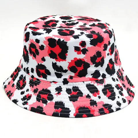 Leopard Print Polyester Bucket Hat Outdoor Sun Protection Shading Wide Brim Casual Fashion Flat Top Fisherman Hat For Men Women